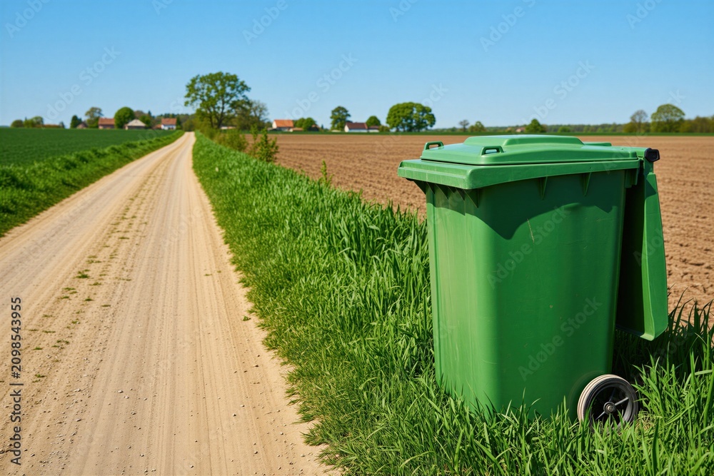 Obraz premium Green garbage bin sits by a dirt road in the country. Fields of grass and plowed earth stretch towards distant farm buildings under a bright blue sky. The scene suggests rural waste management.