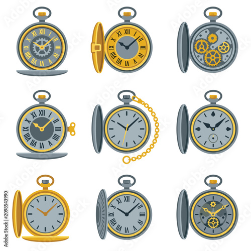 Collection of pixel art pocket watches with roman numerals and gears, various styles and opened cases