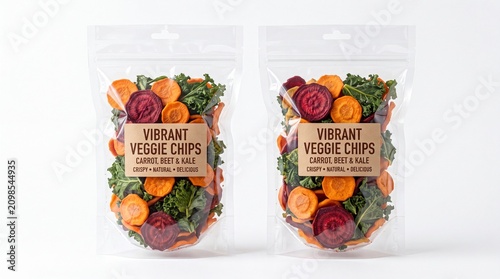 Two plastic pouches filled with crispy vegetable chips of carrot beet and kale on white background