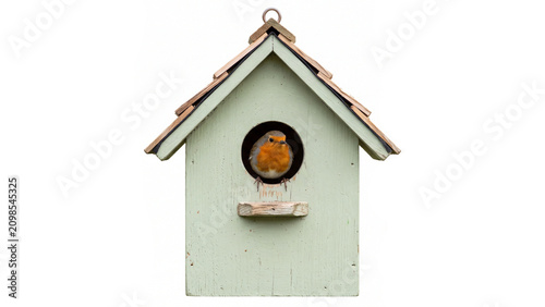 Small European robin sitting inside a light green wooden birdhouse structure on white background