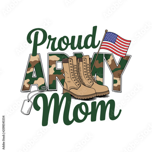 Military mother's pride with combat boots and American flag. Proud mom in camouflage holding boots with patriotic USA banner.