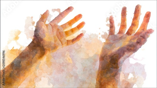 Watercolor-style depiction of two hands reaching outwards, palms up, against a white background with painted textures