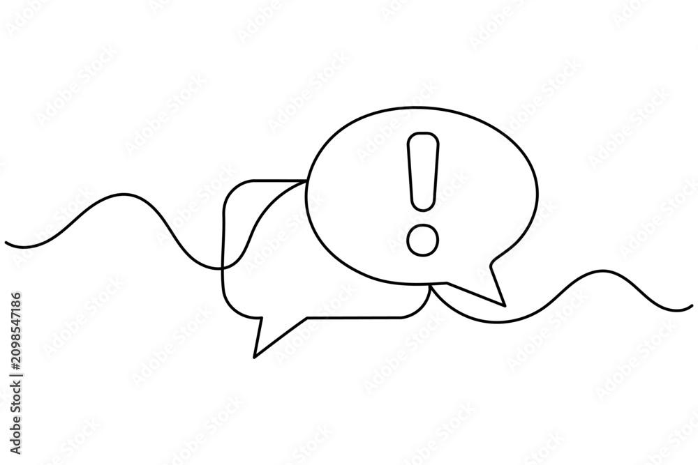 Obraz premium Exclamation speech bubble continuous one line art outline vector illustration. Features an exclamation mark inside a minimal chat bubble in a clean single line drawing