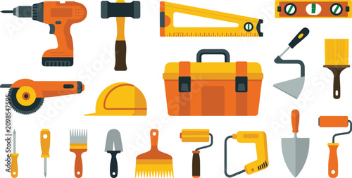 Construction renovation tools vector set with orange toolbox and contractor equipment isolated on white background