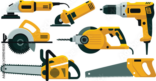  Industrial electric power tools vector icon set with yellow workshop carpentry cutting machinery isolated on white background