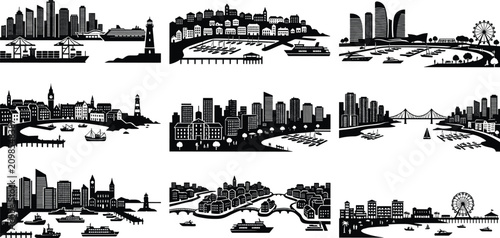 Schilderij op canvas Set of Nine Urban Waterfront Cityscape Silhouettes Featuring Modern Skylines, Ha