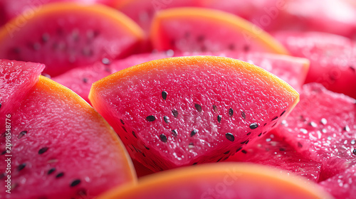 Freshly sliced dragon fruit pieces with vibrant pink flesh and black seeds, perfect for healthy recipes and tropical dishes.