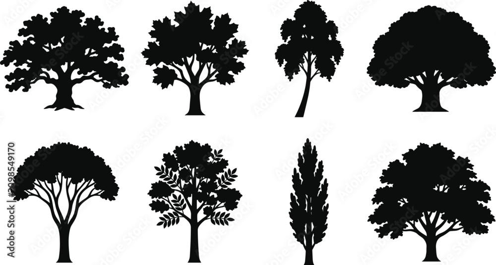 Fototapeta premium Black Deciduous Tree Silhouette Collection Featuring Oak, Maple, Poplar, and Ornamental Trees for Landscape Vector Design