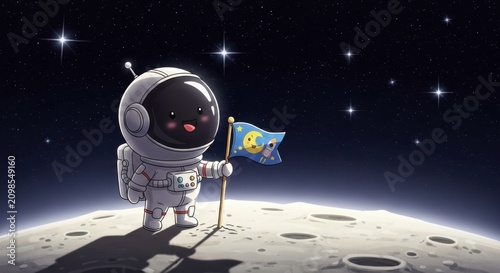 Astronaut holding flag on moon surface in space.