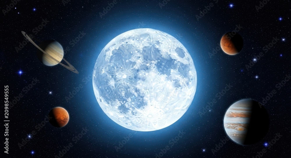 Fototapeta premium Illuminated Moon and Planets in Deep Space.