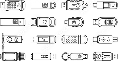 Obraz na płótnie Technology Data Security Black  White Line Art Icons Set of Secure USB Flash Drives