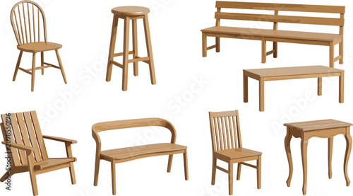 Foto Wooden Furniture Vector Icon Set with Chairs, Benches, Bar Stool, Tables, and Ad
