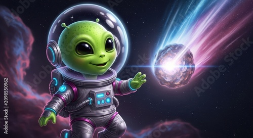 Cute Alien Astronaut in Space with Comet and Nebula.