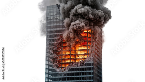 фотографія Skyscraper engulfed in flames and smoke, isolated on transparent background