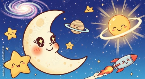 Whimsical Space Adventure with Smiling Celestial Bodies.