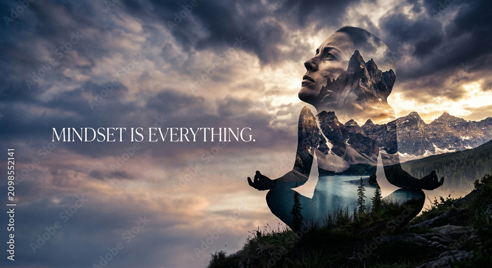 Fototapeta premium Double Exposure Silhouette of a Person Meditating in Nature with Motivational Concept