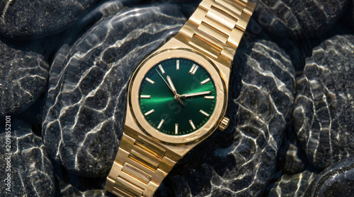 A luxurious gold watch with a green dial, set on black pebbles moistened under running water—an elegant accessory and a high-end timepiece concept