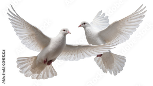 Tableau sur toile Two white doves with spread wings flying, isolated on transparent background