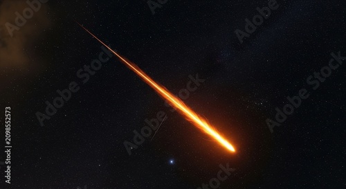 Bright Meteor Streaking Across Dark Night Sky.