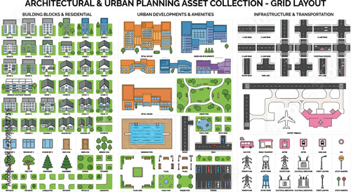 Architectural and Urban Planning Asset Collection Vector Illustration with Top View Building Blocks, Residential Houses, Public Parks, Roads, and Airport Infrastructure Elements
