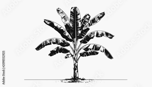 Schilderij op canvas Banana tree with large leaves.
