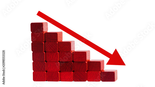 Foto Red wooden blocks forming a downward graph, isolated on transparent background