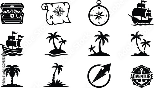 Schilderij op canvas Collection of pirate themed icons featuring treasure chests maps compasses ships islands and adventure emblems in black
