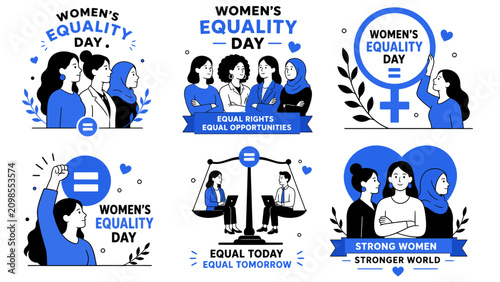 Women's equality day vector illustration set diverse women gender symbol and balance scale doodle style ideal for poster banner and greeting card design