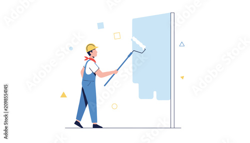 Professional worker wearing a yellow hard hat painting a wall with a roller during a renovation project.