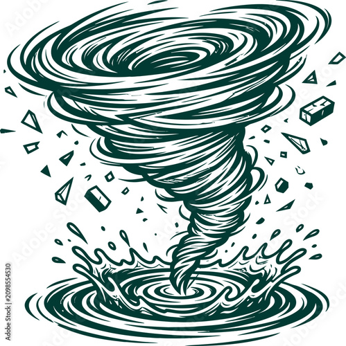 Bild auf Leinwand Dramatic woodcut style illustration of a waterspout tornado with debris and circ