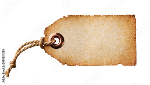 Obraz na płótnie Vintage paper tag with frayed edges and copper grommet, isolated on transparent