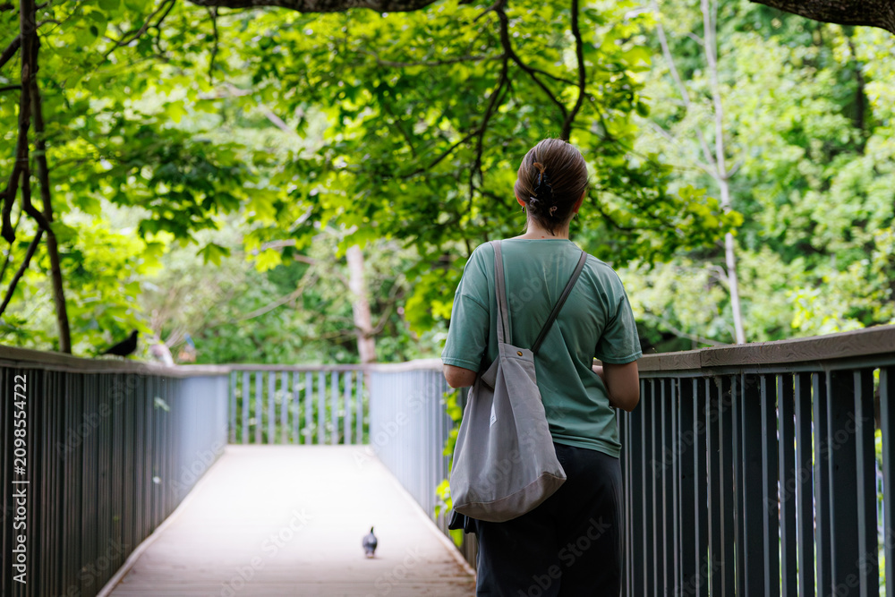 Fototapeta premium Walking along the nature path, enjoying the tranquil beauty of the lush surroundings and gentle afternoon light