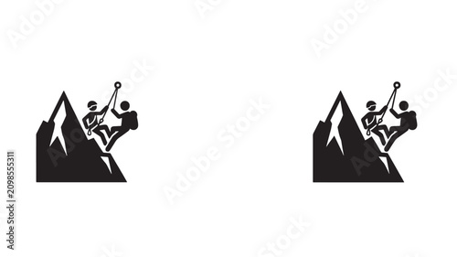 Tableau sur toile Black silhouette icons of two climbers ascending a mountain with ropes and backp