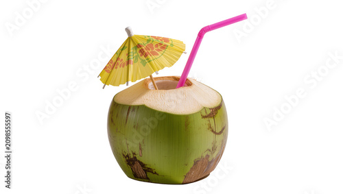 Canvastavla Green coconut with pink straw and yellow umbrella, isolated on transparent backg