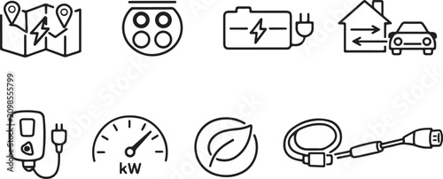 Fotografía Electric vehicle charging icons set, black line vector symbols for EV station an