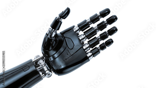 Black robotic hand with metallic joints, isolated on transparent background