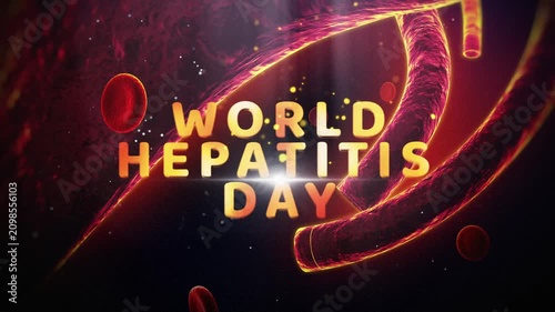 World Hepatitis Day awareness campaign animation with glowing text. 3D medical health event motion graphics for global disease prevention.