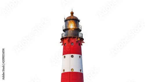 Foto Red and white striped lighthouse with glowing lantern, isolated on transparent b