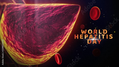 World Hepatitis Day awareness campaign with glowing red ribbon animation. Medical health symbol illuminated in 3D motion graphics for public health