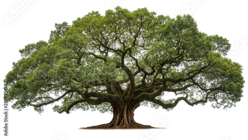 Bild auf Leinwand Massive ancient banyan tree with sprawling branches and lush green canopy, isola