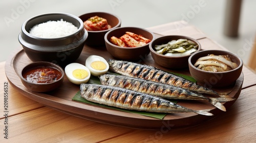 Korean style grilled mackerel fish meal with rice and various side dishes