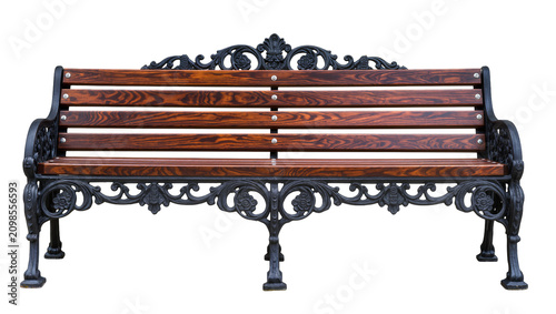 Foto Ornate cast iron park bench with wooden slats, isolated on transparent backgroun