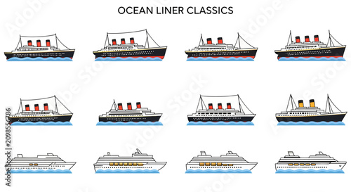 Foto A grid of 12 vector illustrations of historical ocean liners and modern cruise s