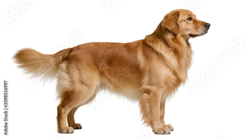 Photography Golden Retriever dog standing attentively, isolated on transparent background