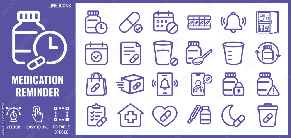 Fototapeta premium Medication reminder and pill organizer line icon set
