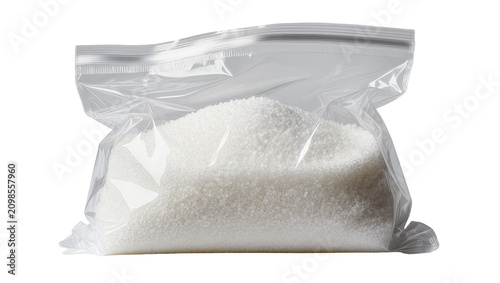 Картината върху платно Clear plastic zipper bag filled with coarse white sugar, isolated on transparent