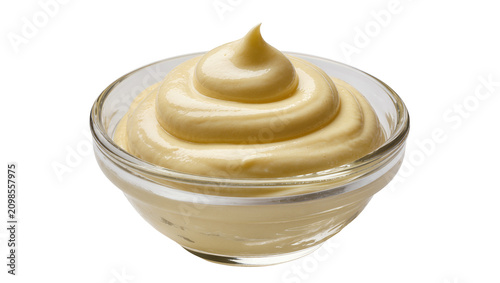 Принти на полотні Creamy yellow mustard swirl in clear glass bowl, isolated on transparent backgro