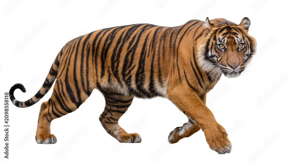 Obraz premium Majestic tiger with black stripes walking, isolated on transparent background