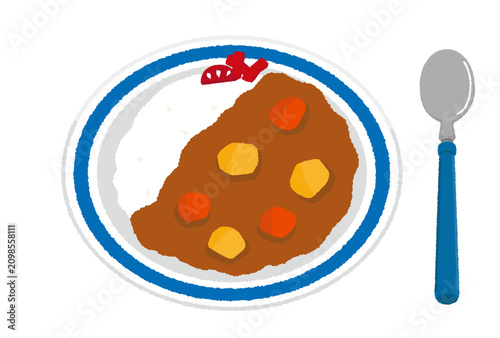 Photos まるいお皿に盛られたカレーライスと福神漬けのベクターイラスト