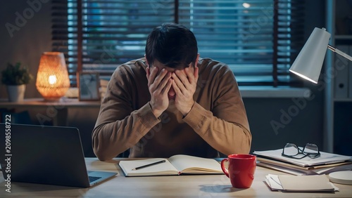 Stressed young man sitting at his wooden desk in a dimly lit office environment covering his face with both hands while feeling exhausted from working late hours on his laptop computer during a quiet 